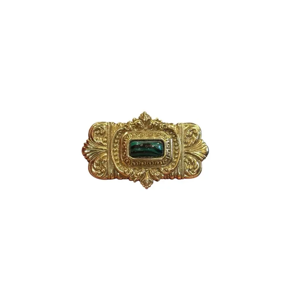 1928 Jewelry Art Deco Revival Brooch Teal Glass Ornate Gold Tone Statement Pin